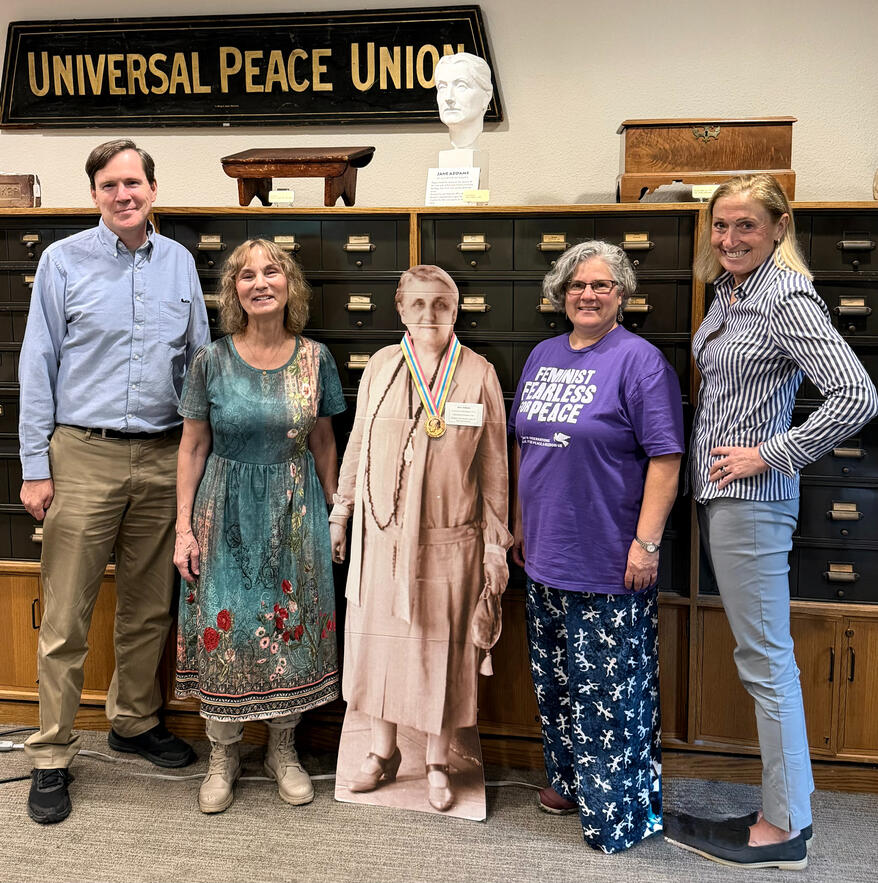 August 27, 2026 meeting at The Swarthmore College Peace Collection; pictured are curator Dr. Sahr Conway-Lanz, Suzanne de Seife,