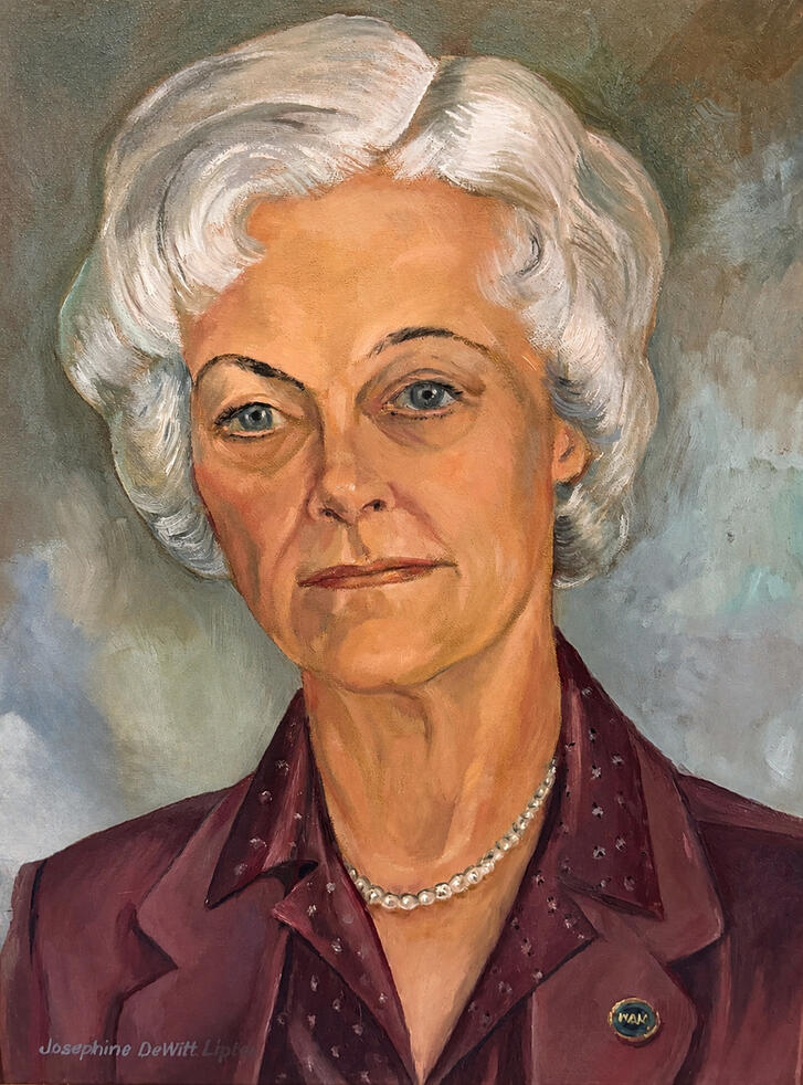 Portrait of Celia Daldy by Jo Lipton. The pin she wears appears to read “PAX,” the Latin word for peace, a fitting symbol of her