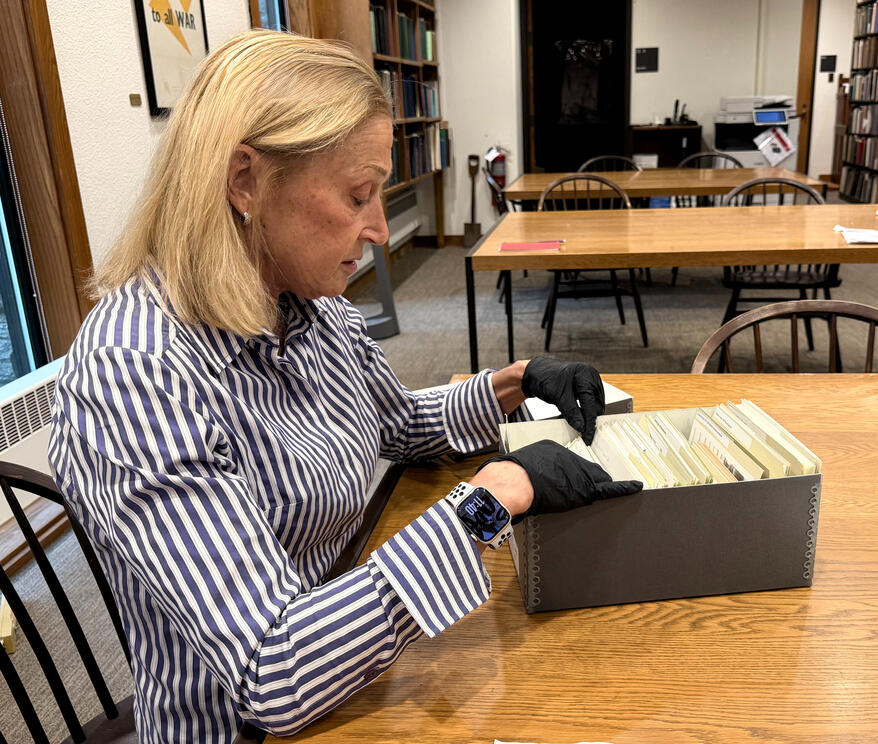 August 27, 2026 meeting at The Swarthmore College Peace Collection; pictured are curator Dr. Sahr Conway-Lanz, Suzanne de Seife,